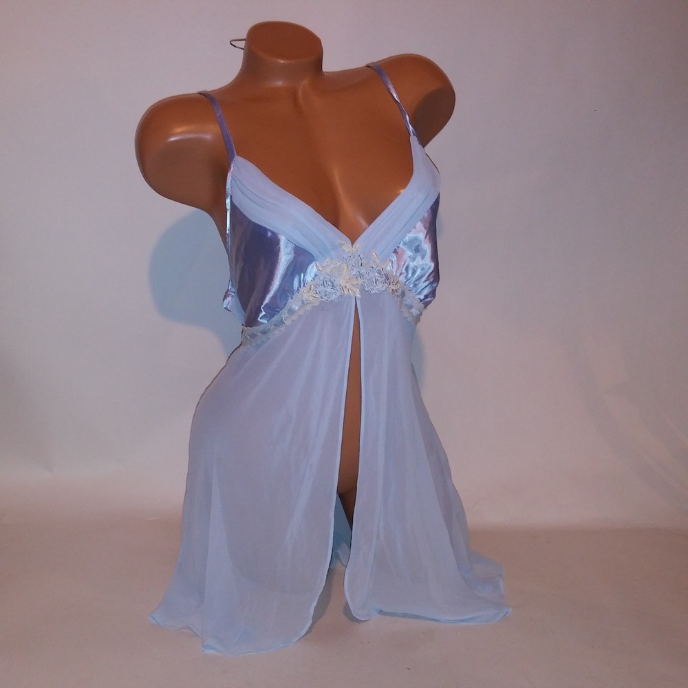 George Lingerie Set Babydoll & Thong Panty Large 12 14 Light Blur Sheer V String